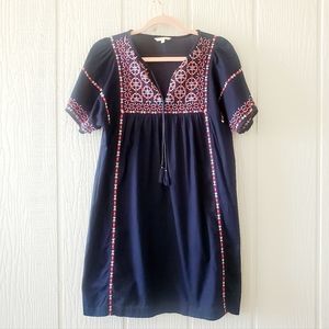 Beltaine Embroidered Tassel Tie Bohemian Peasant Dress Blue Small